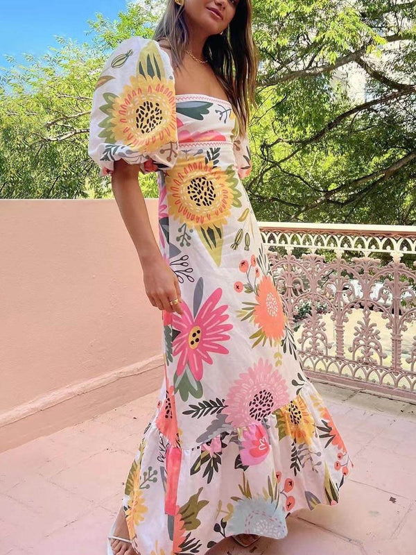 Schönes Blumenmaxikleid Theodora mit Puffärmeln für Frauen