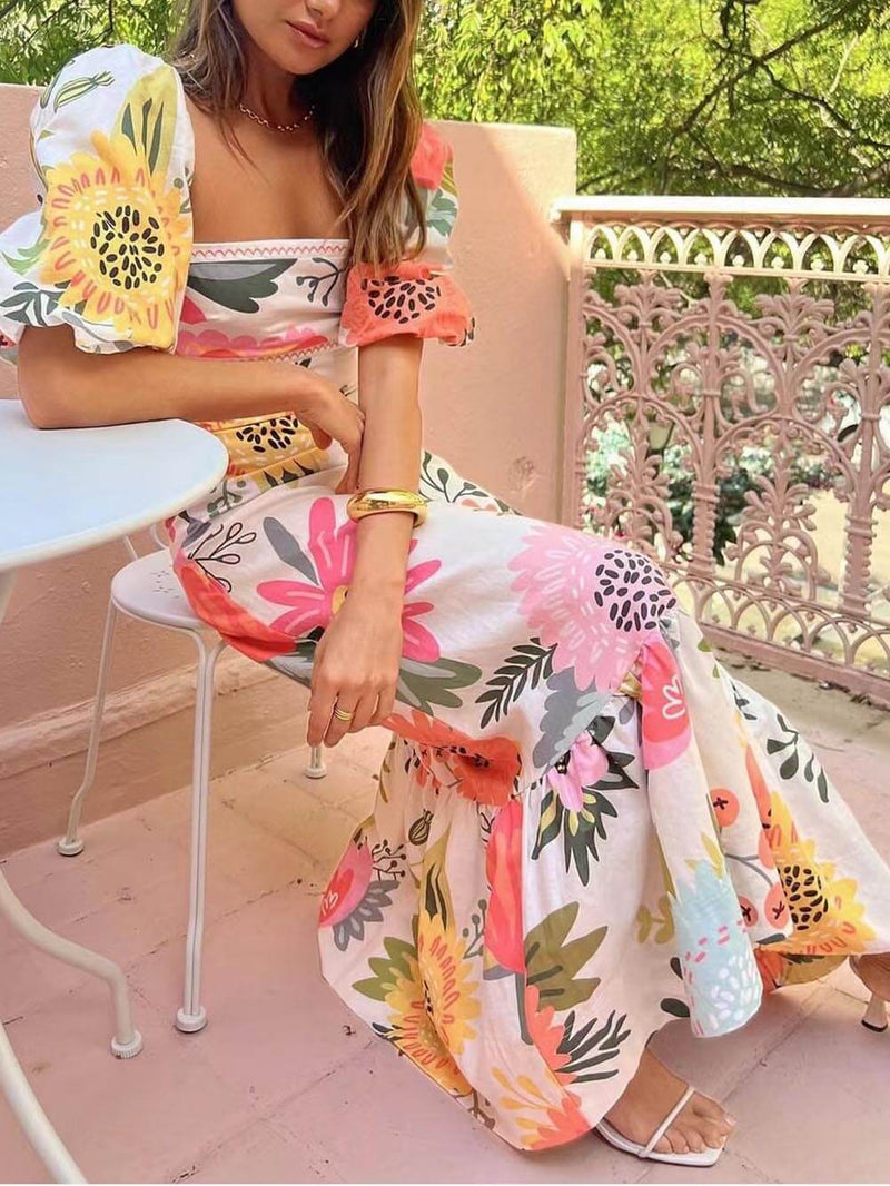 Schönes Blumenmaxikleid Theodora mit Puffärmeln für Frauen