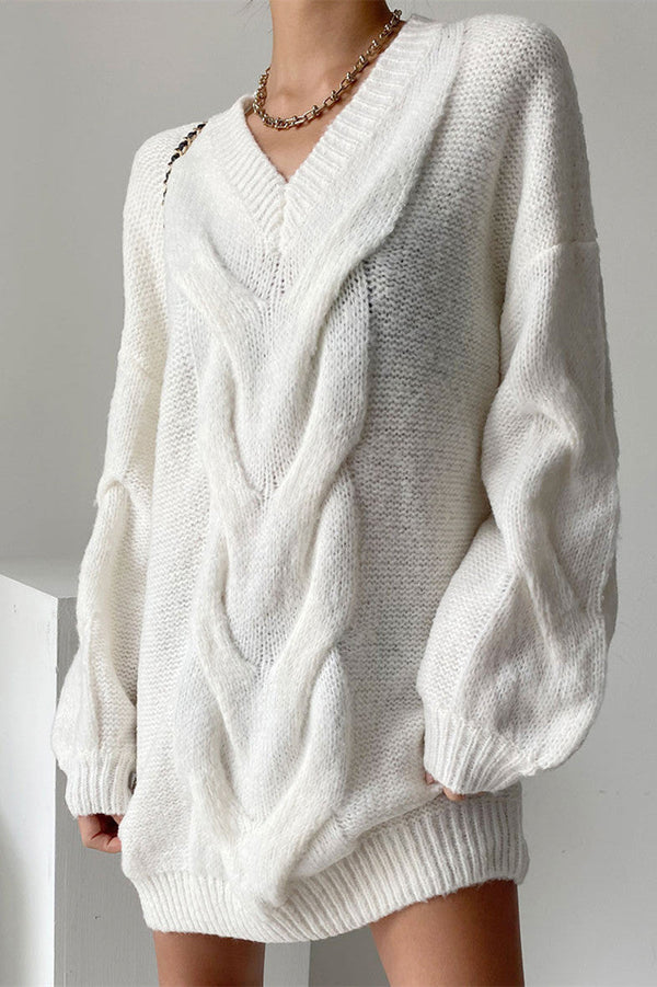 Elegantes EmmaV-Ausschnitt Laternenärmel Strickkleid für Damen