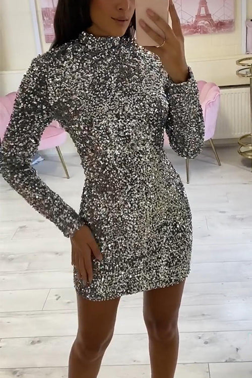 Elegantes Emma -Mockneck Glam Pailletten Partykleid für Frauen dd