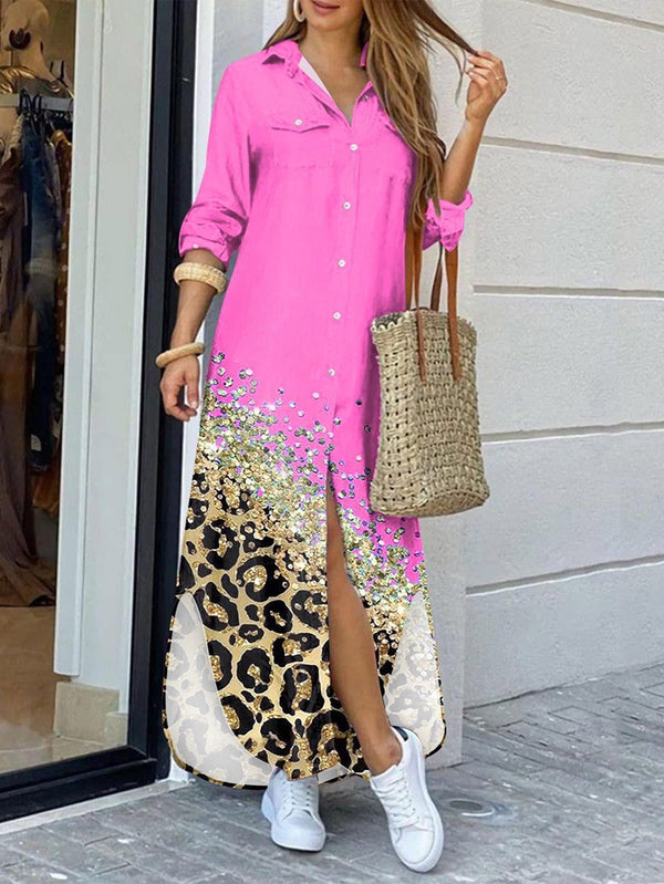 Warmes Langarm Hemdkleid in Pink mit Leopardenmuster