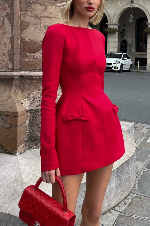 Elegantes Langarm-Bow-Detail Mini-Kleid