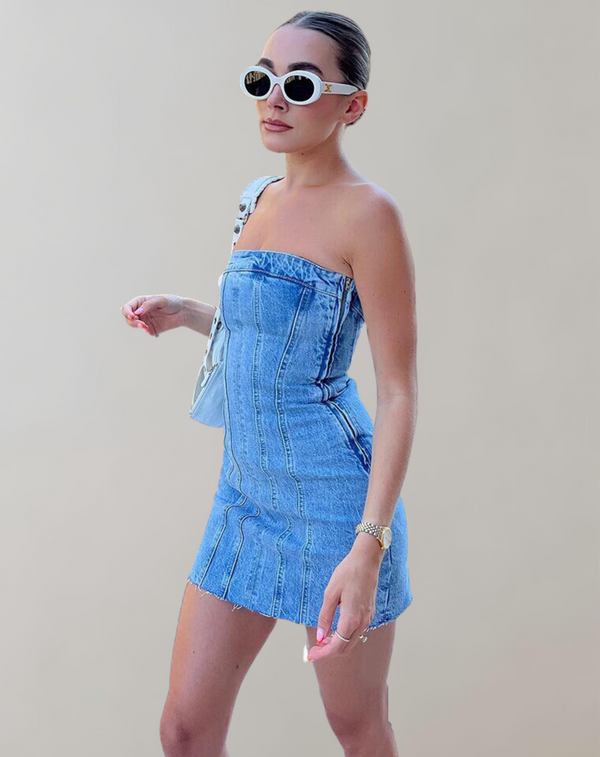Schickes Blaues Denim-Mini-Parteikleid für jeden Anlass