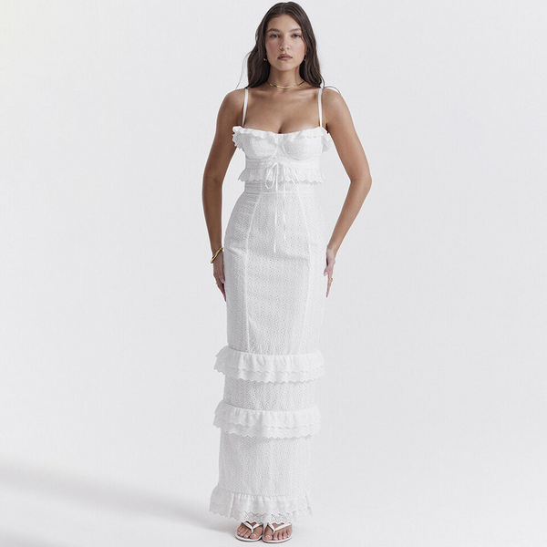 Elegantes Mathilde - Broderie Maxikleid mit Rüschen für Damen