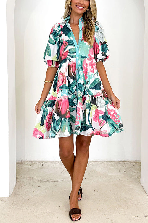 Schönes Blumenmuster Rüschchen Mini Hemdkleid
