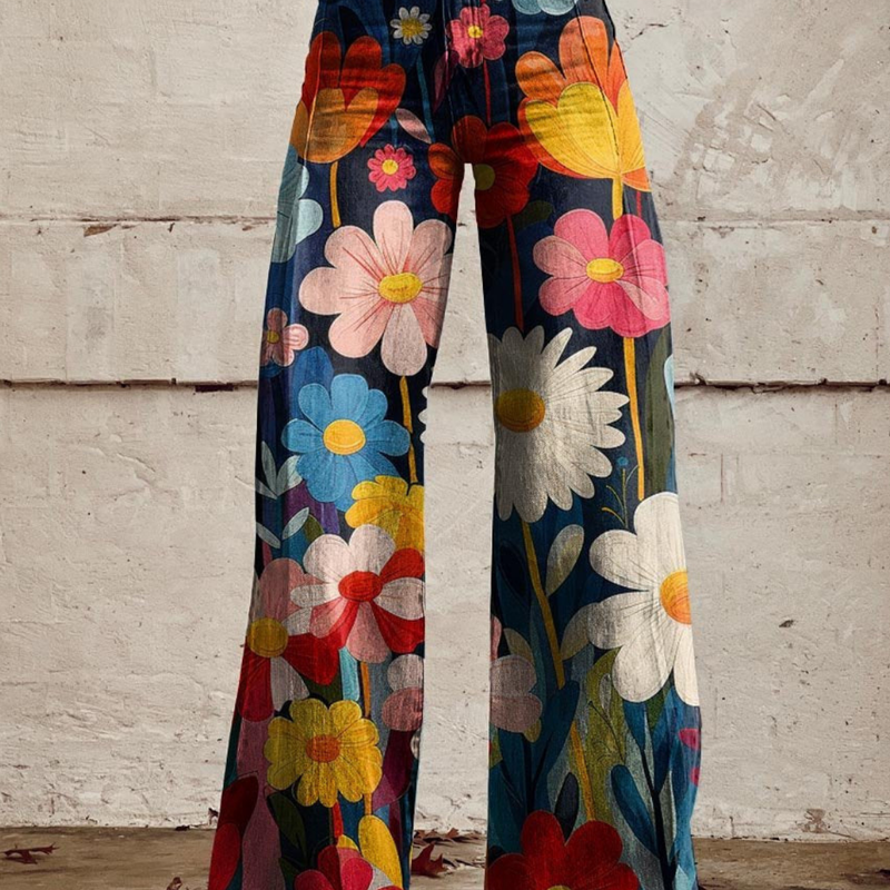 Damen Hosen Mit Hohem Bund Und Blumenmuster Weites Bein