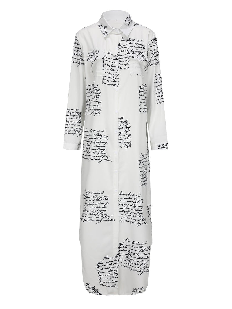 Bequemes | Leichtes Langarmkleid mit Message-Print in Weiß