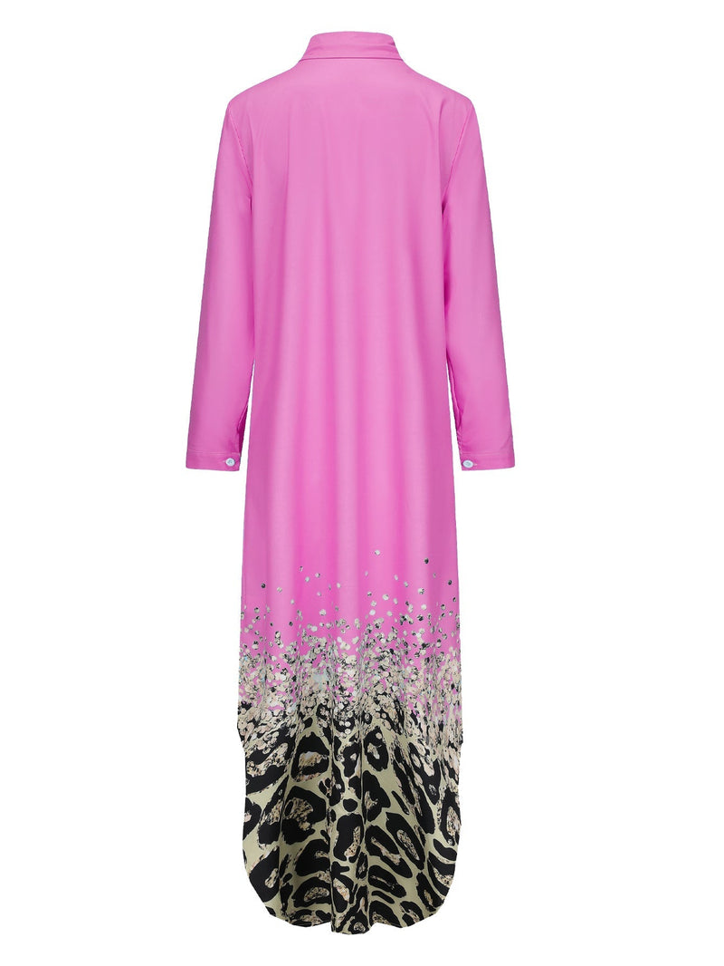 Warmes Langarm Hemdkleid in Pink mit Leopardenmuster
