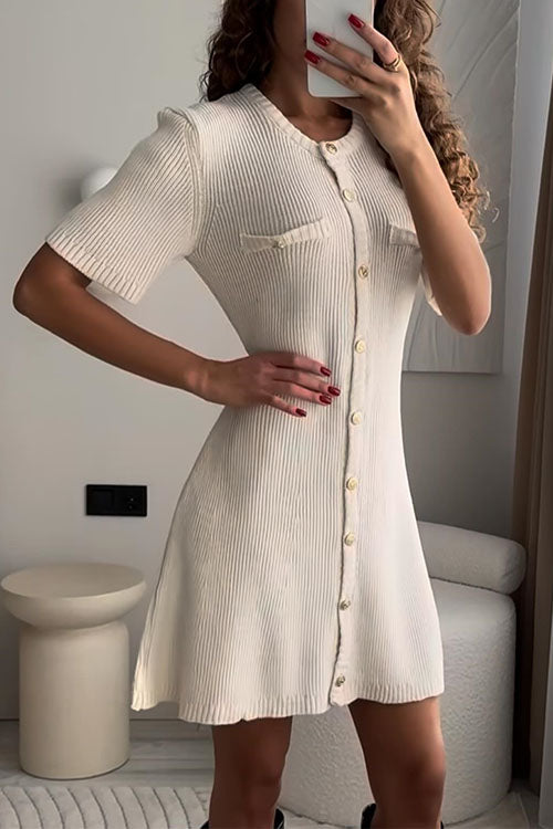 Weiches Kurzarm Knopfverschluss Mini Strickkleid
