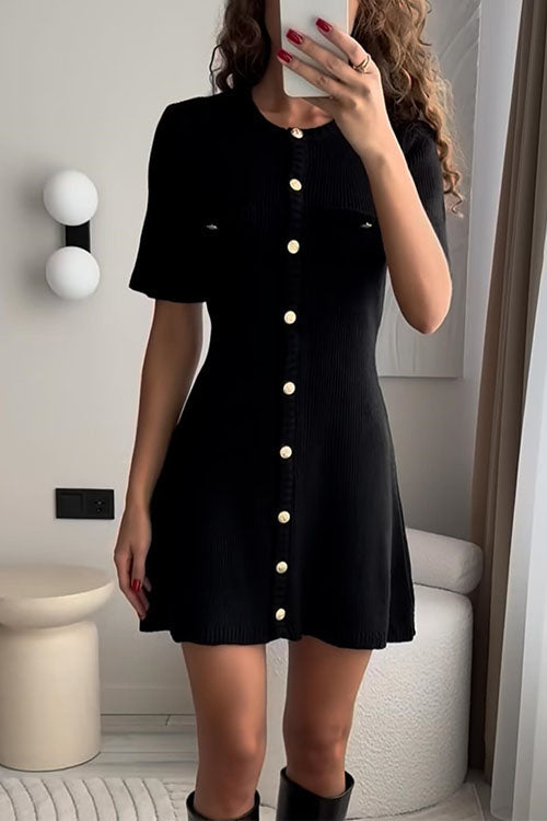 Weiches Kurzarm Knopfverschluss Mini Strickkleid