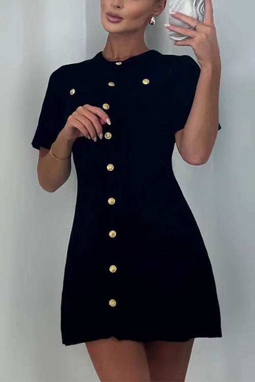 Weiches Kurzarm Knopfverschluss Mini Strickkleid