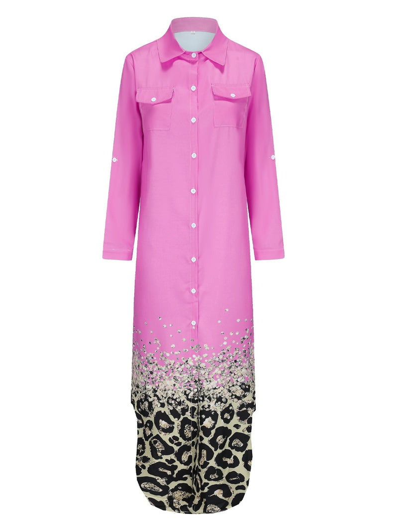 Warmes Langarm Hemdkleid in Pink mit Leopardenmuster