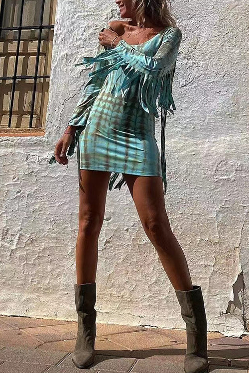 Elegantes Emma -Rosiedress Tie Dye Langarm Fransen Mini Kleid