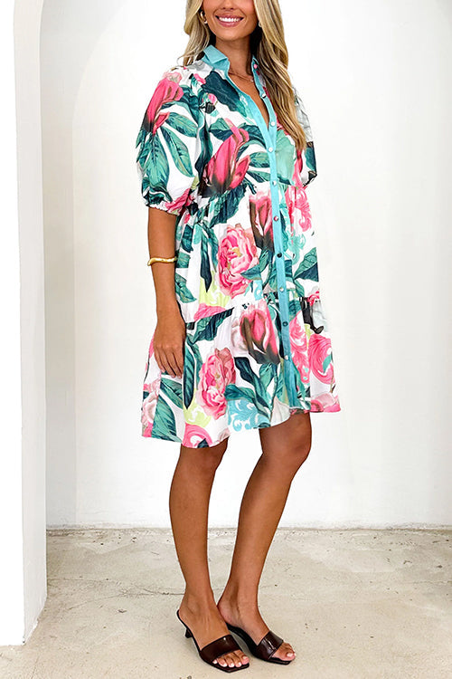 Schönes Blumenmuster Rüschchen Mini Hemdkleid