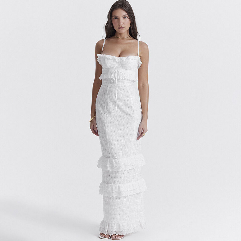 Elegantes Mathilde - Broderie Maxikleid mit Rüschen für Damen