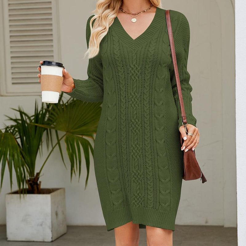 Bequemes Warmes Herbstkleid aus Zopfstrick für Frauen