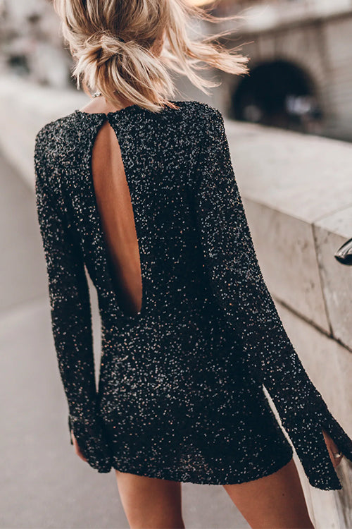 Elegantes Emma -Schlitz Lange Ärmel Rücken Ausschnitt Mini Kleid