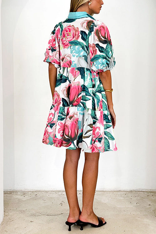 Schönes Blumenmuster Rüschchen Mini Hemdkleid