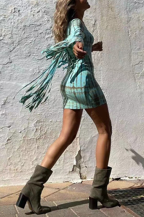 Elegantes Emma -Rosiedress Tie Dye Langarm Fransen Mini Kleid