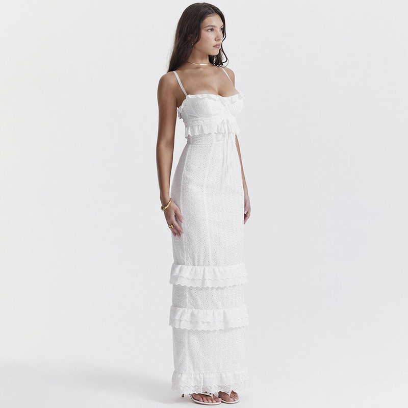 Elegantes Mathilde - Broderie Maxikleid mit Rüschen für Damen