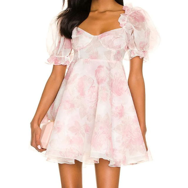Elegantes Organza-Kleid mit Blumenmuster und Puffärmeln
