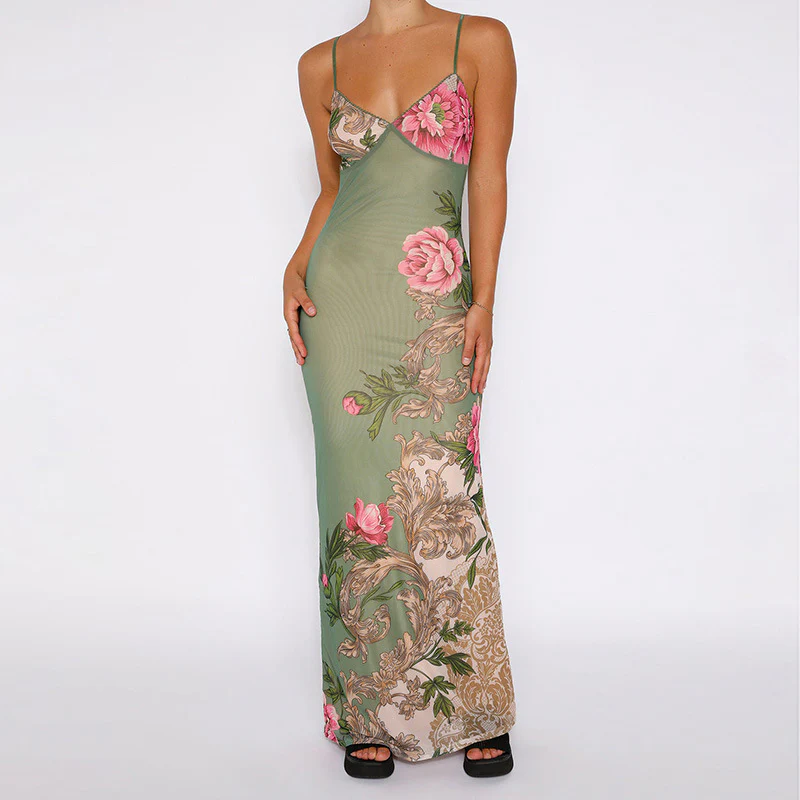 Elegantes Henriette Florales Maxikleid mit V-Ausschnitt Damen
