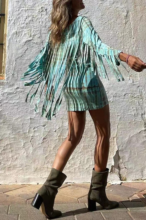 Elegantes Emma -Rosiedress Tie Dye Langarm Fransen Mini Kleid