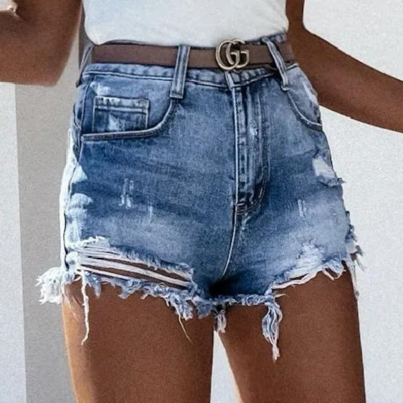 Denis - High-Waist Distressed Denim Shorts mit Fransen