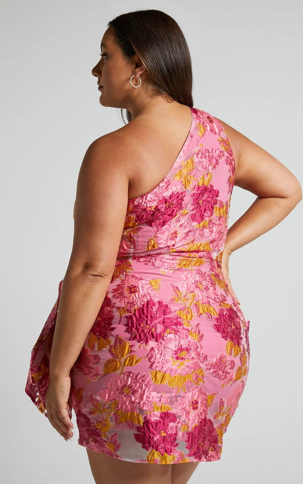 Elegantes Gisela - Ein-Schulter-Wickel-Minikleid aus Rosa Jacquard