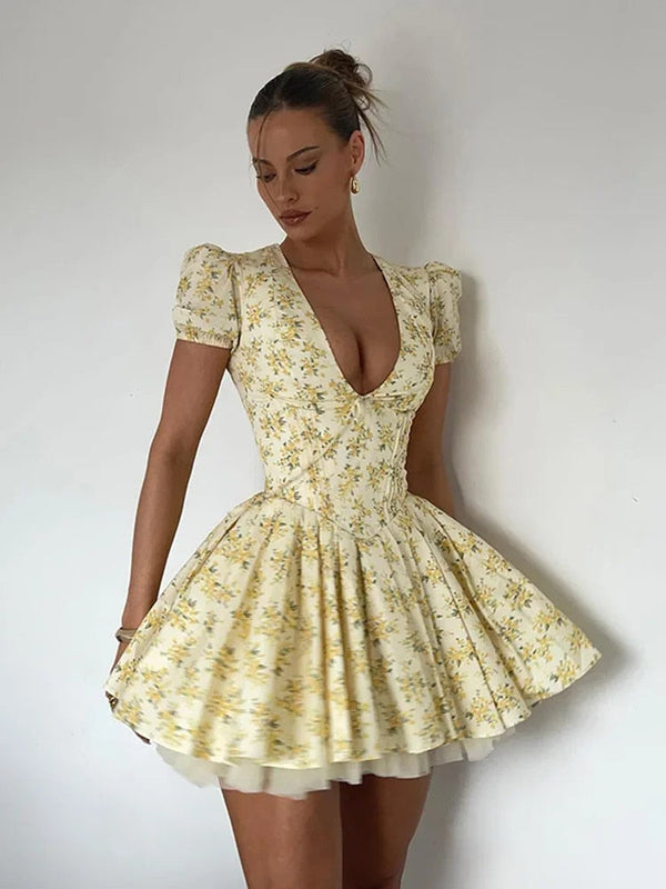 Schickes Florales Tiefes V Plissiertes Minikleid für Mädchen