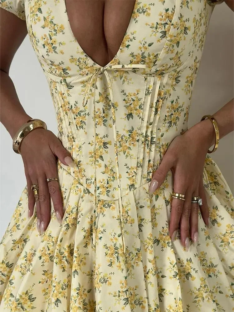 Schickes Florales Tiefes V Plissiertes Minikleid für Mädchen