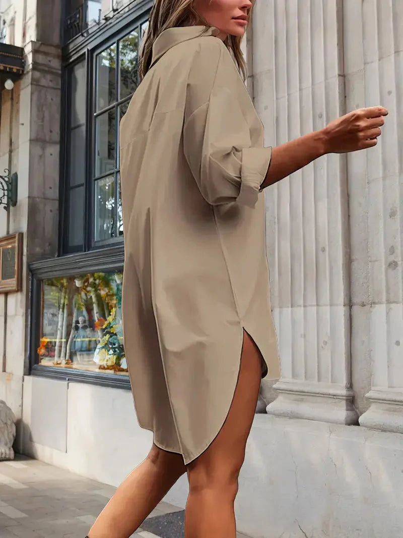 Elegantes Langarm Geknöpft Minikleid Lockere Passform
