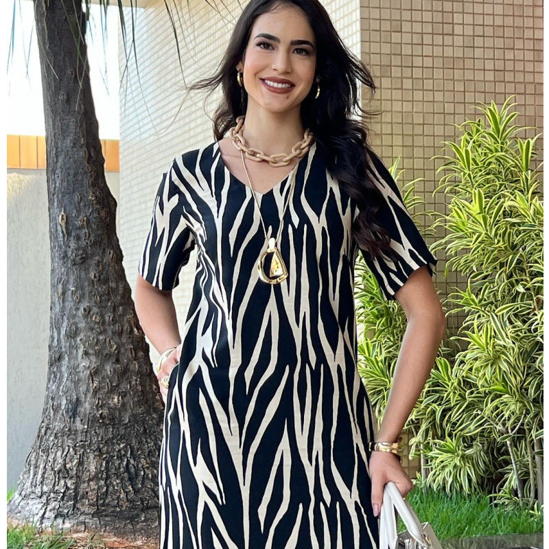 Elegantes Emma -Gedrucktes Kurzarm-V-Ausschnitt-Kleid für Frauen