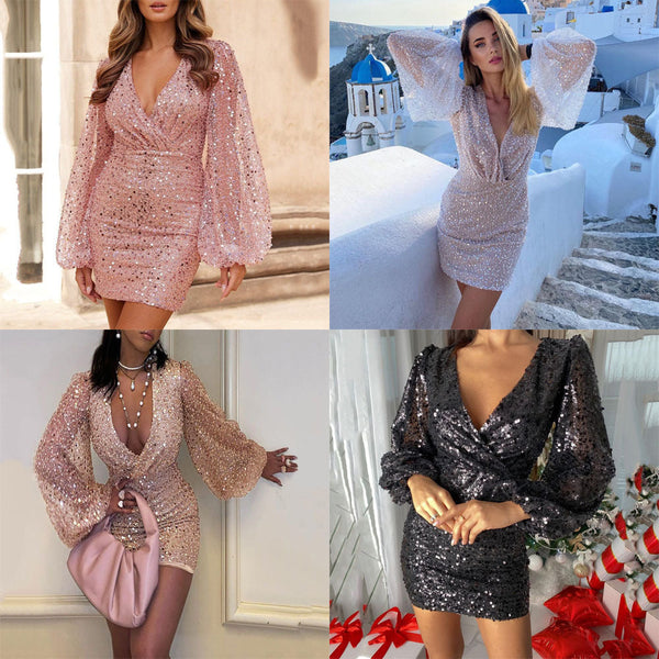 Elegantes Emma -Langarm V-Ausschnitt Pailletten Kleid für   ddd