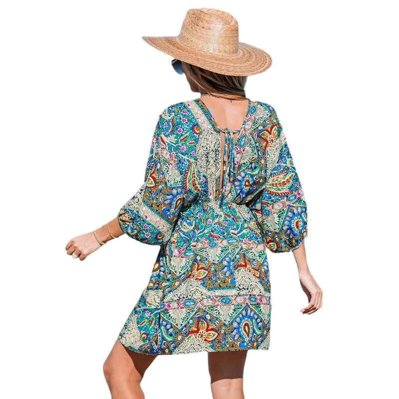 Elegantes Emma -Gedrucktes V-Ausschnitt Kleid mit Komfort