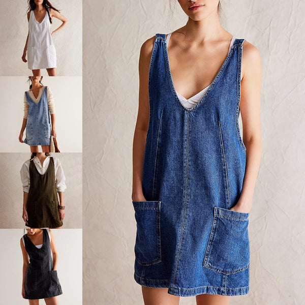 Bequemes Emma -Denim Träger Pocket Verstellbares Mini Kleid