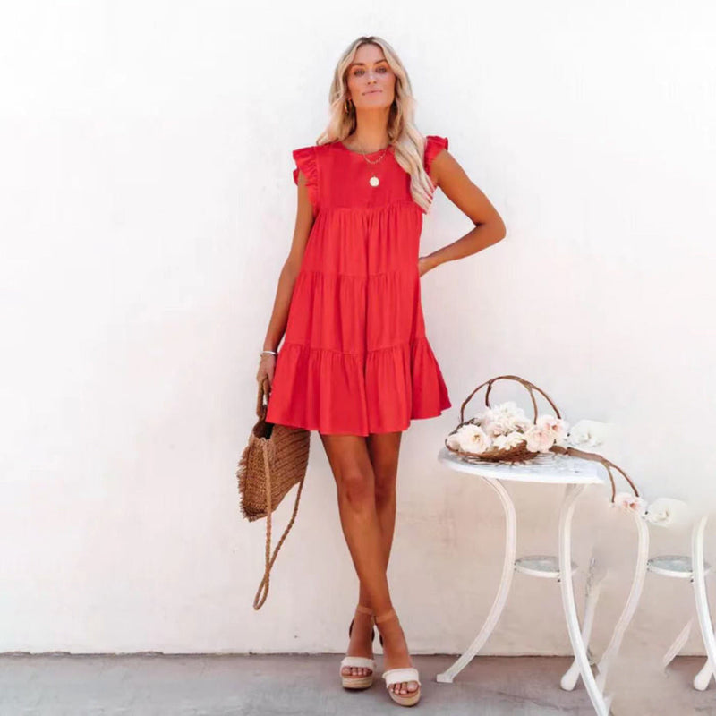 Elegantes Emma -Lockere Rundhals Kurzarm Mini Kleid für Damen