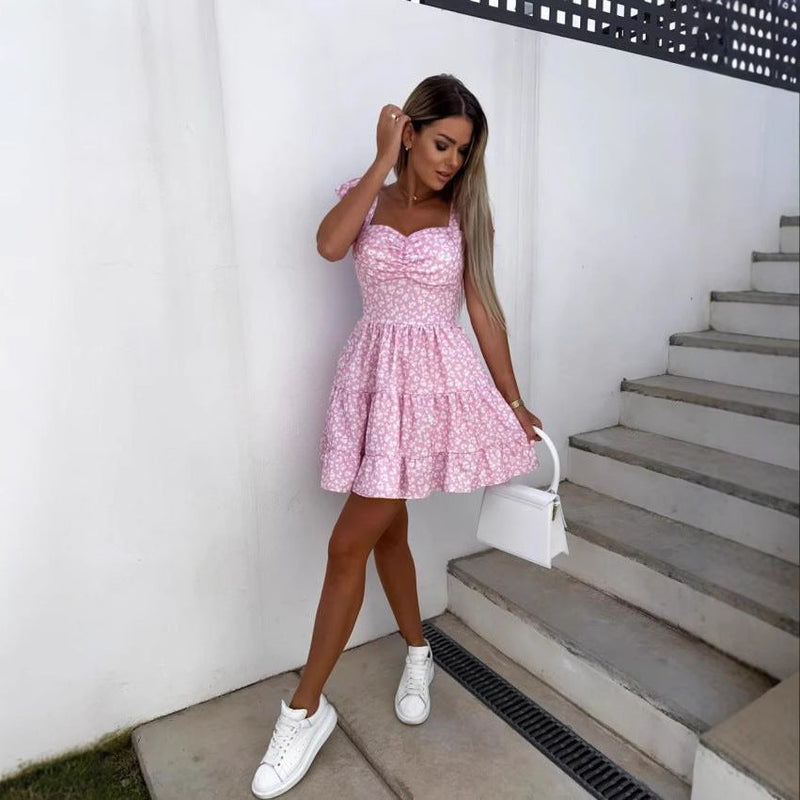 Elegantes Emma -Gedrucktes Trägerband-Taille Kleid für Damen