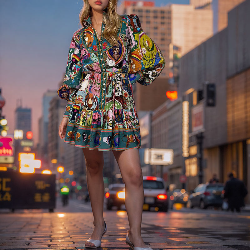 Schönes Emma -Floral Bindegürtel Lockere Rüschendress Kleid