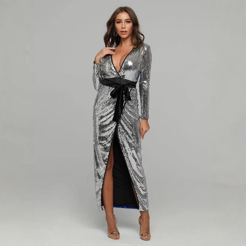 Elegantes Langarm V-Ausschnitt Abendkleid