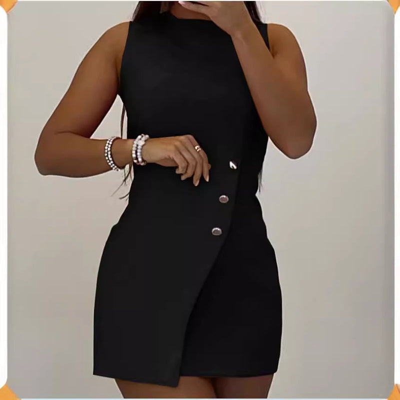 Elegantes Emma -Einfarbiges Kontrast-Knopf-Ärmelloses Kleid