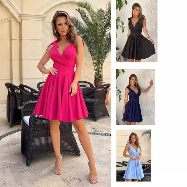 Elegantes Emma -Ärmelloses einfarbiges tiefes V-Ausschnitt-Minikleid