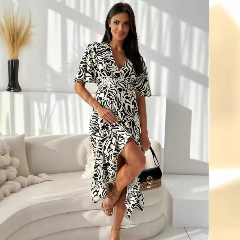 Elegantes Emma -Elastischer Taillen-V-Ausschnitt Kleid für Damen
