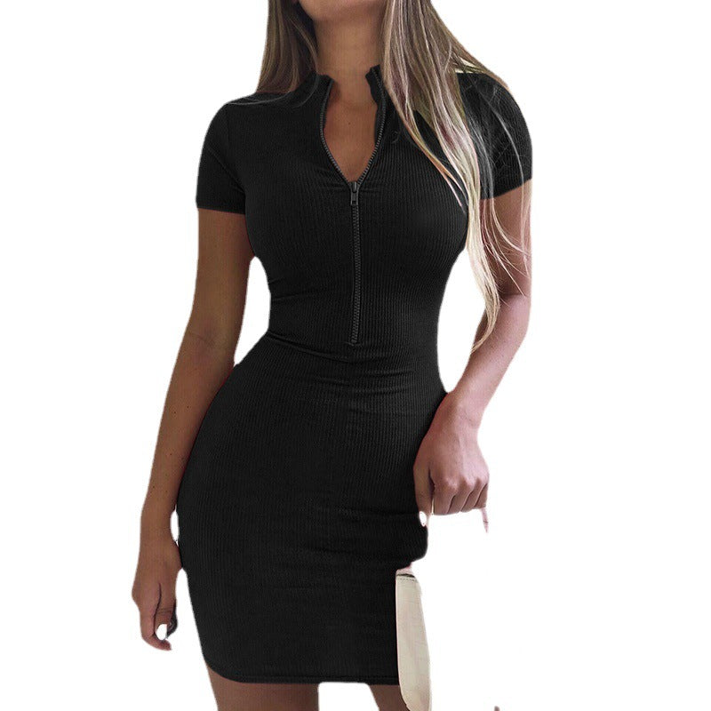 Elegantes Hochkragen Kurzarm Reißverschluss Kleid