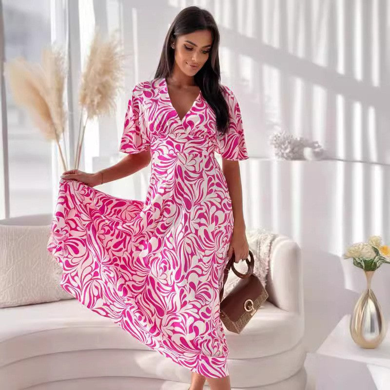 Elegantes Emma -Elastischer Taillen-V-Ausschnitt Kleid für Damen