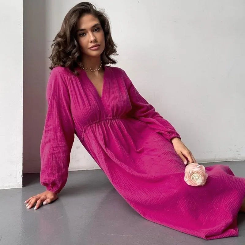 Bequemes Kleid mit V-Ausschnitt und Ballonärmeln für dich