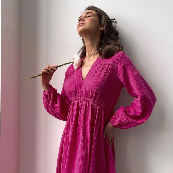 Bequemes Kleid mit V-Ausschnitt und Ballonärmeln für dich