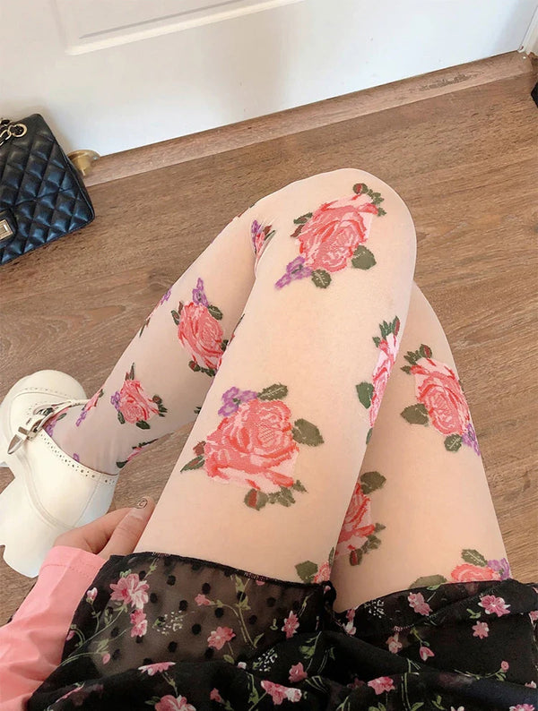 Elegante Rosenblütenmuster Vintage Komfort Strumpfhose