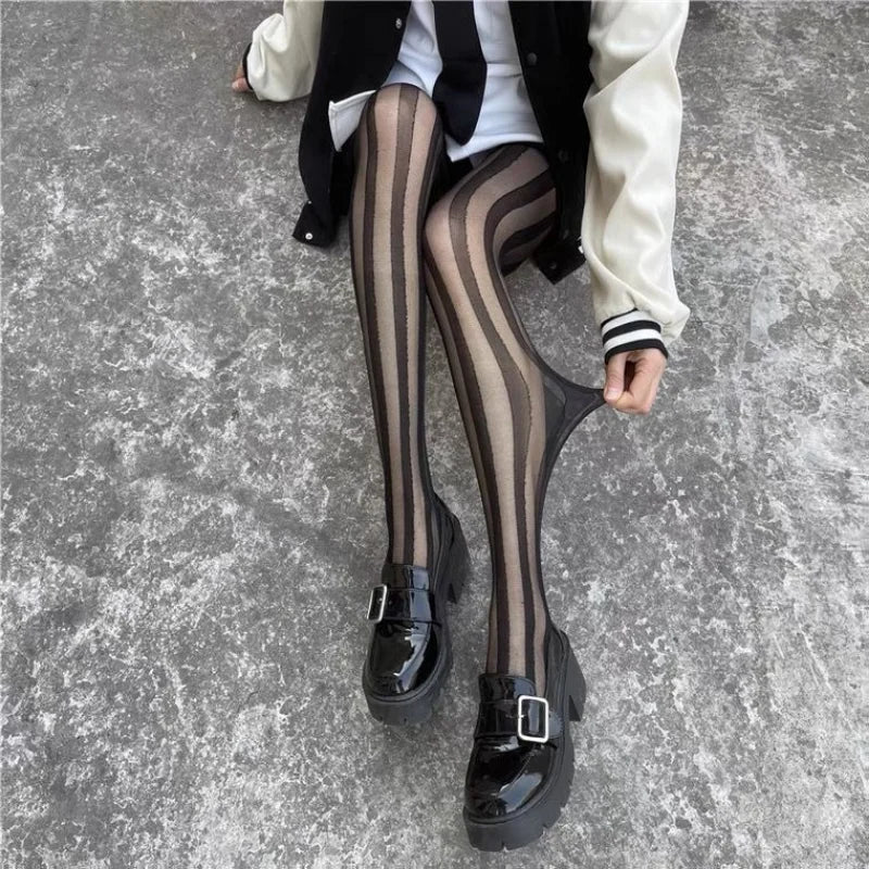 Gestreifte Damen Strumpfhose Schwarz Modisch Strumpfhose