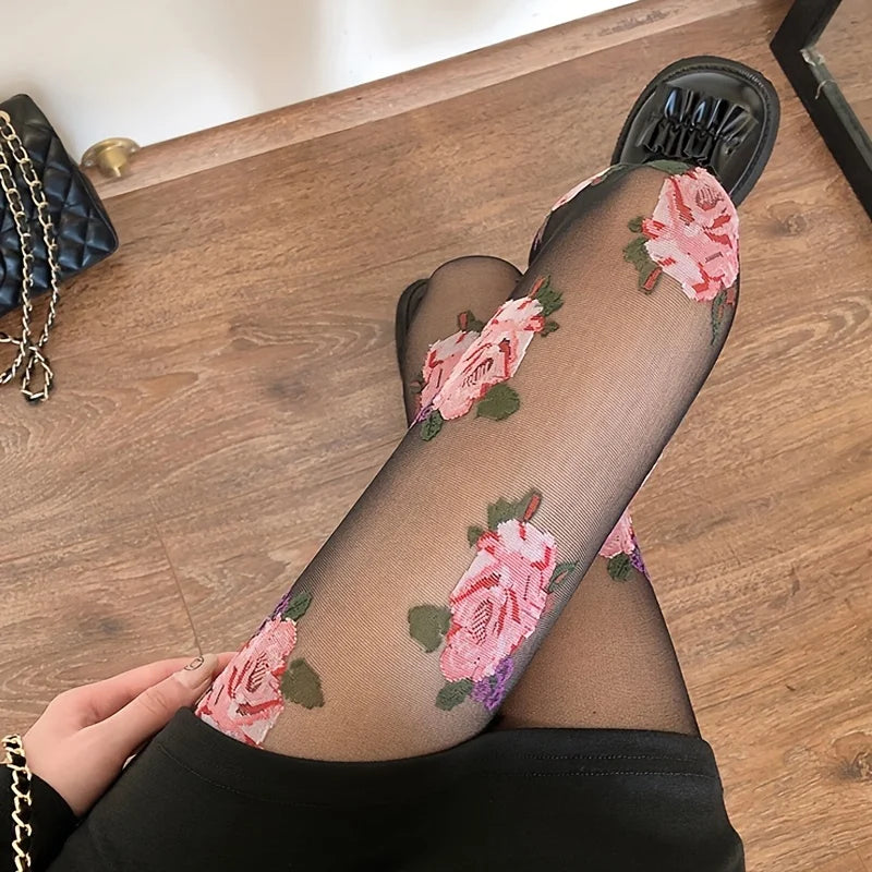 Elegante Rosenblütenmuster Vintage Komfort Strumpfhose